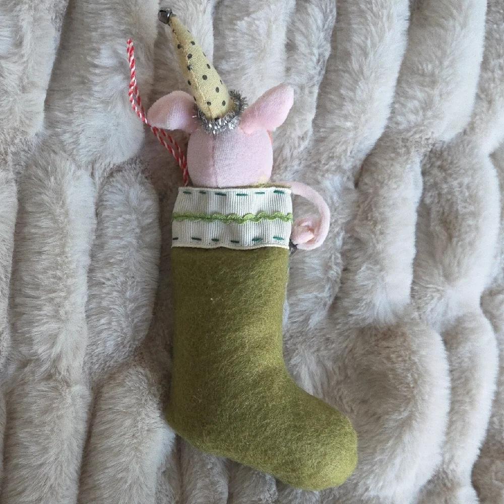 Festive Pig Ornament in Green Stocking - Picture 2 of 3
